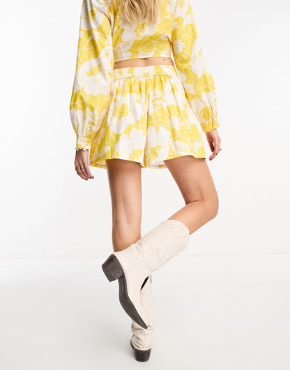 Miss Selfridge chuck on shorts co-ord in yellow tropical