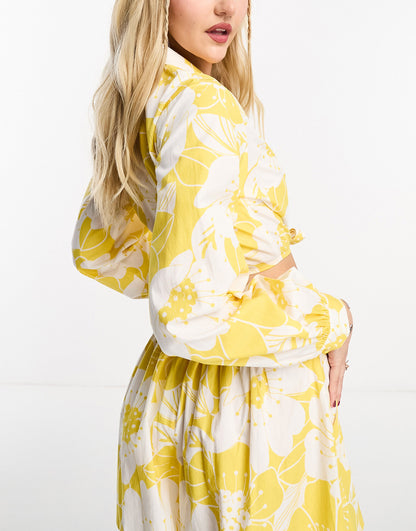 Miss Selfridge poplin tie front shirt co-ord in yellow tropical