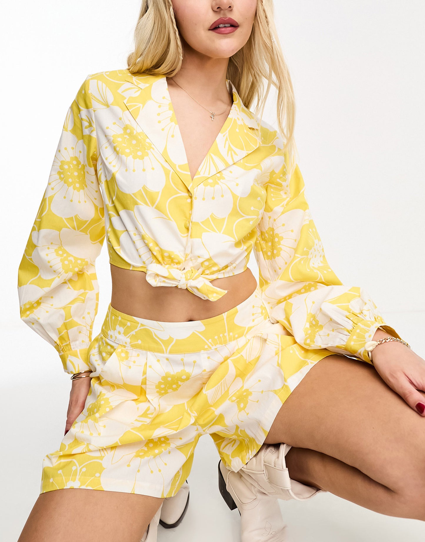 Miss Selfridge poplin tie front shirt co-ord in yellow tropical