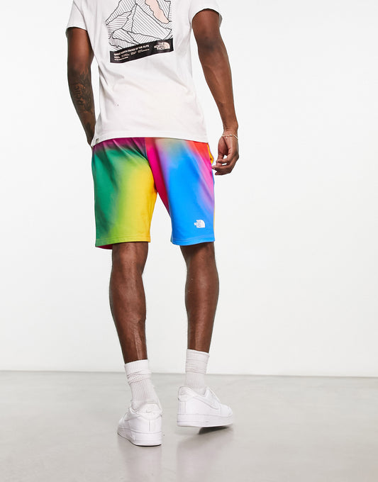 The North Face Pride Standard lightweight fleece shorts in rainbow gradient print