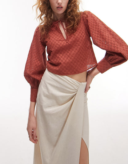 Topshop long sleeve broderie top in tobacco