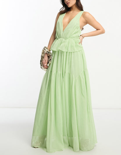 ASOS DESIGN Petite plunge pleated tiered maxi dress in sage green