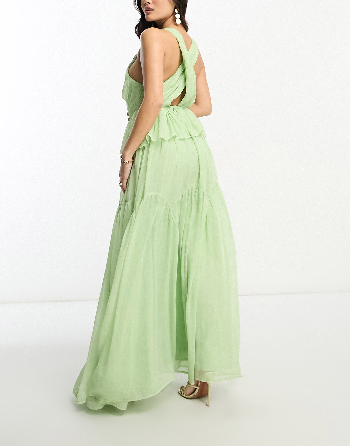 ASOS DESIGN Petite plunge pleated tiered maxi dress in sage green