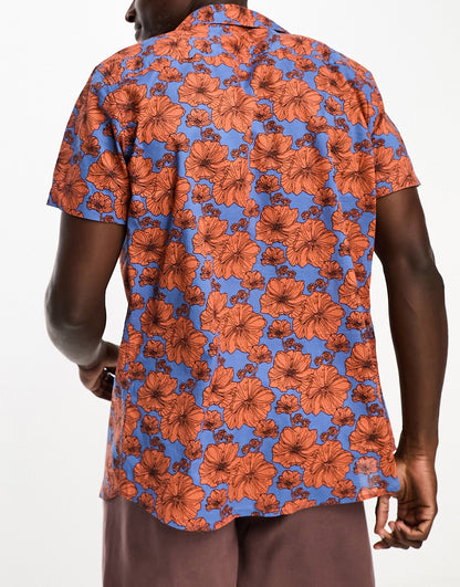 Selected Homme regular fit shirt in floral print in blue and orange