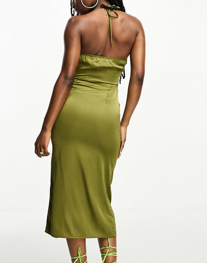 NaaNaa satin corset detail midi dress with ruched skirt in green