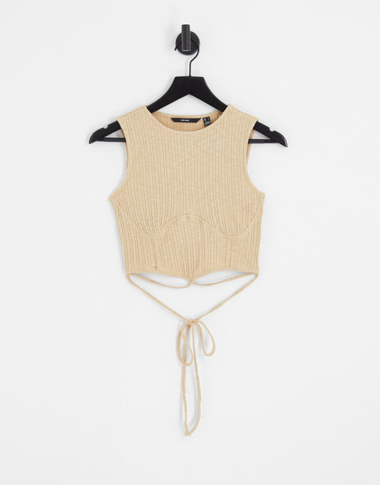 Vero Moda ribbed crop top with tie detail in stone