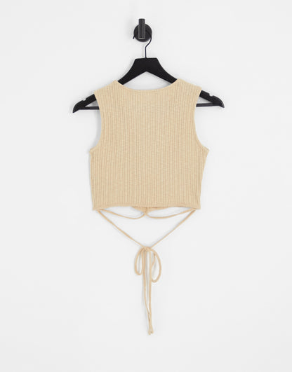 Vero Moda ribbed crop top with tie detail in stone