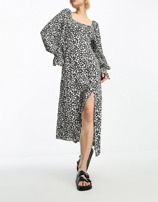 & Other Stories gathered sleeve midaxi dress in black floral