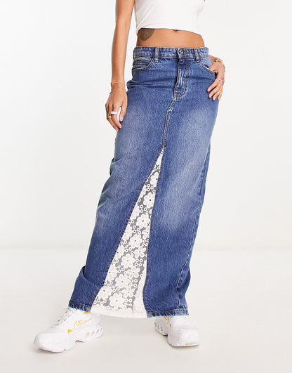 Tammy Girl 90s maxi denim skirt with lace insert