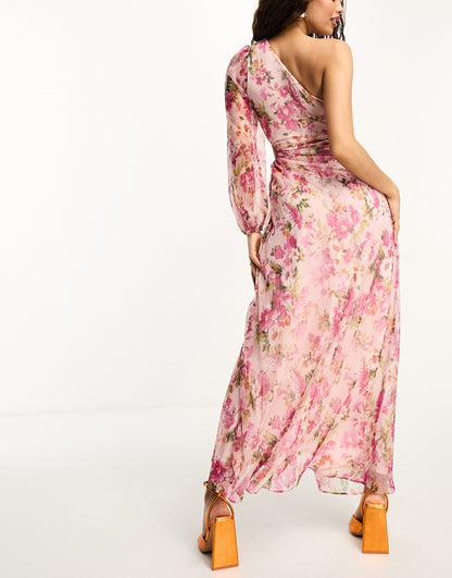 Forever New Petite asymmetric one sleeve maxi dress in pink and purple floral