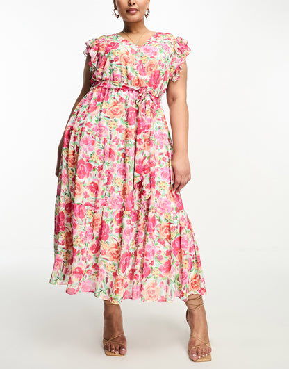 Forever New Curve ruffle shoulder midi dress in pink floral