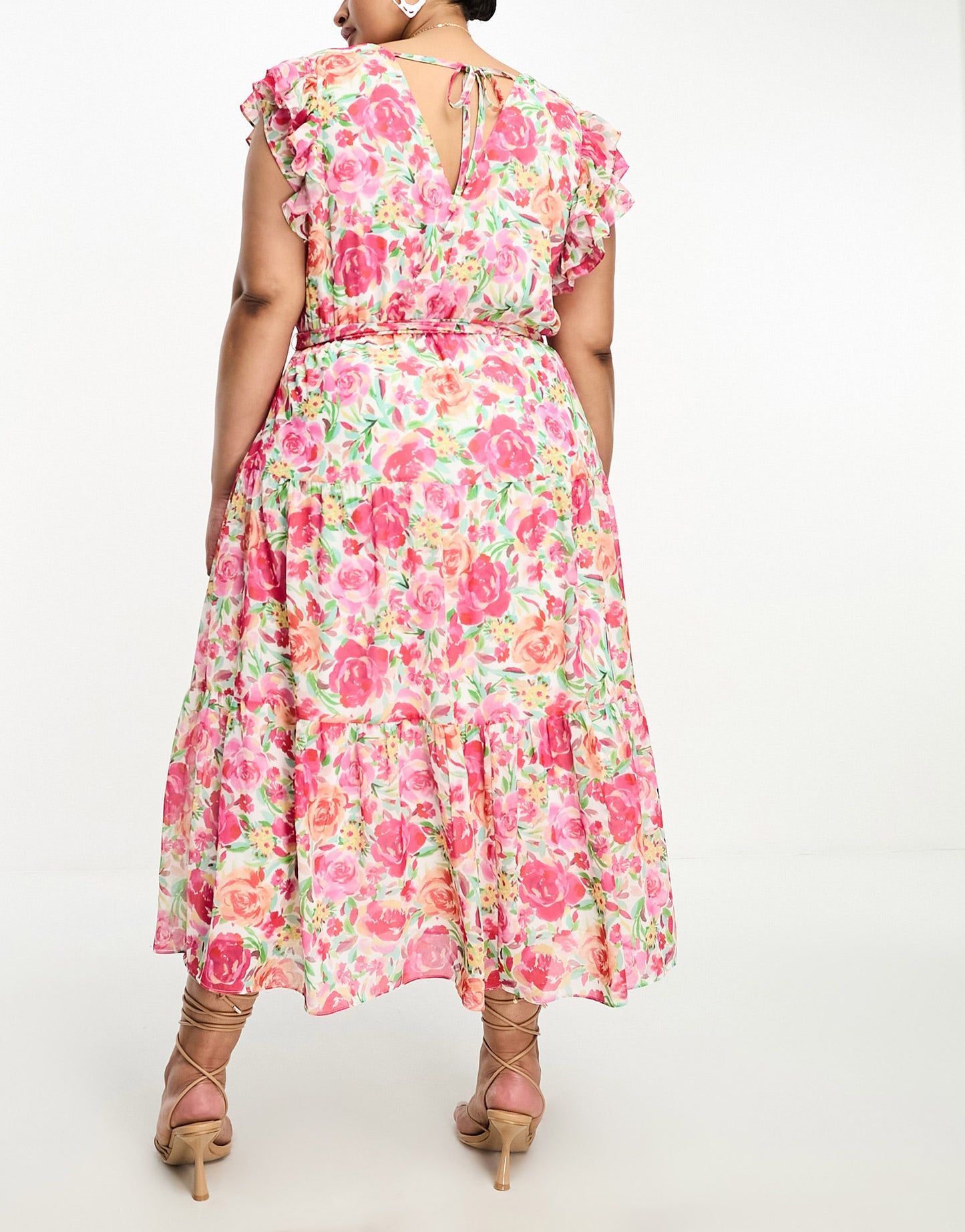 Forever New Curve ruffle shoulder midi dress in pink floral