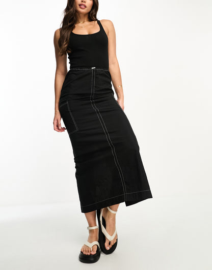 ASOS DESIGN Tall 2 in 1 ribbed scoop neck vest with cargo midi dress in black with contrast stitch