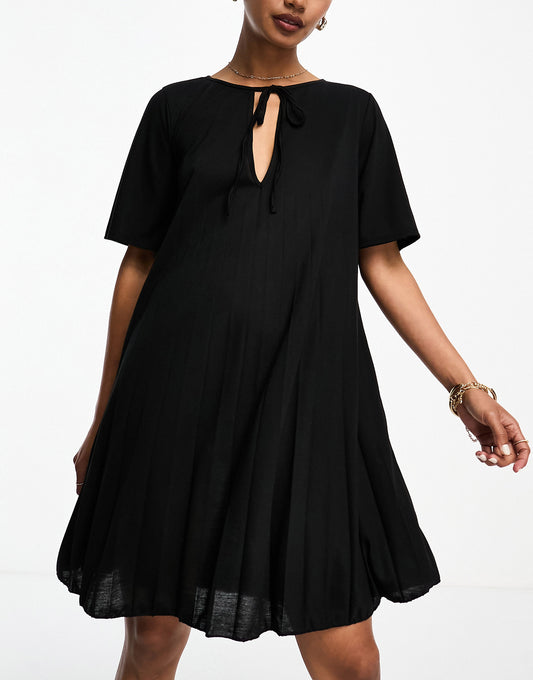 ASOS DESIGN short sleeve pleat swing mini dress in black