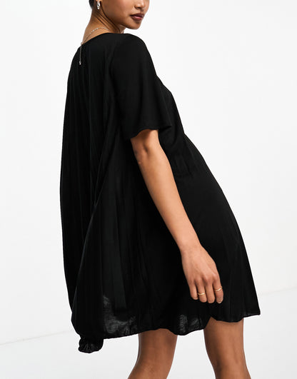 ASOS DESIGN short sleeve pleat swing mini dress in black