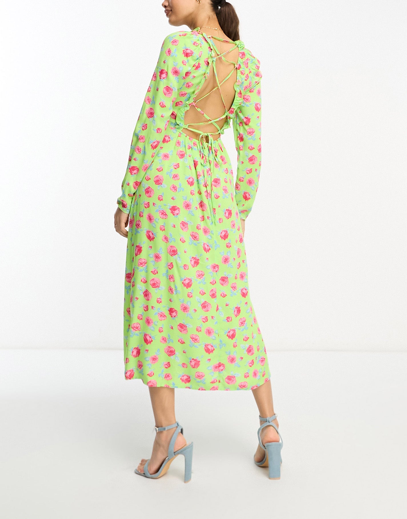 Vila Petite square neck midi dress with lace up back in green floral print