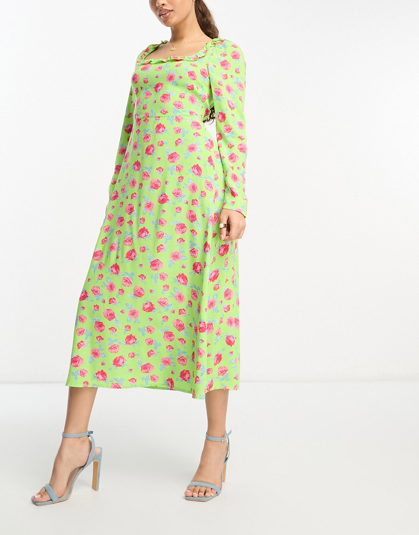 Vila Petite square neck midi dress with lace up back in green floral print