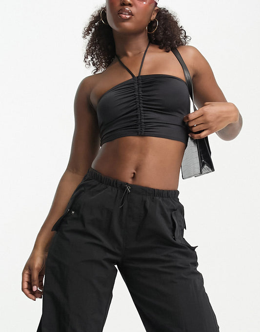 Monki cropped halter neck top in black