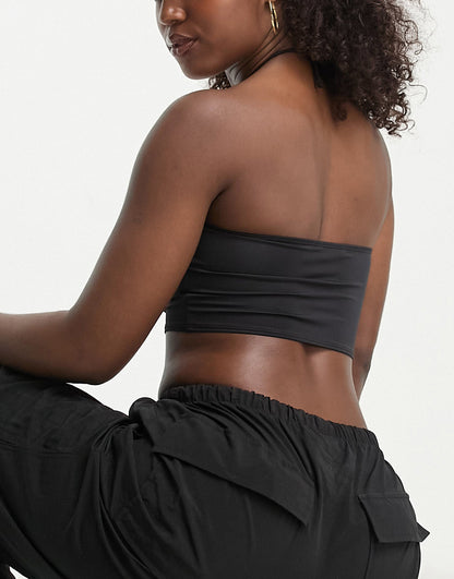 Monki cropped halter neck top in black