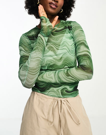 Monki long sleeve mesh top in green swirl print