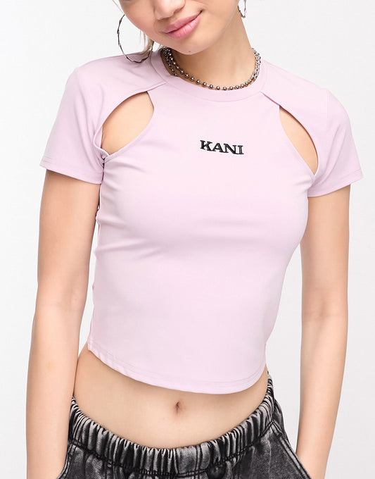 Karl Kani retro t-shirt in light purple high shine with cut out detail