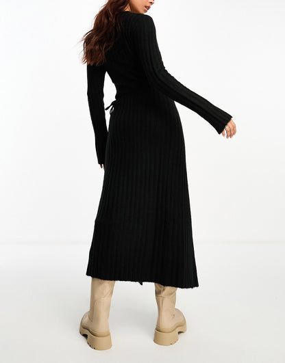 ASOS DESIGN knitted midi dress with wrap front in black