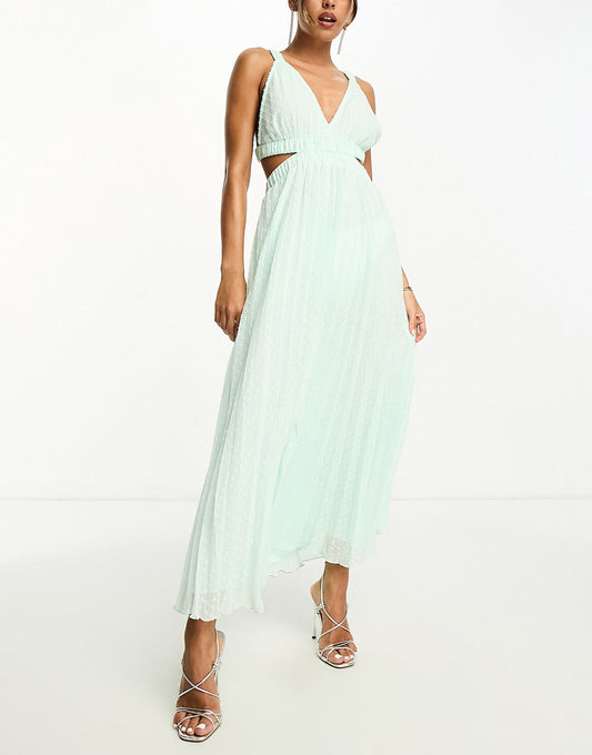 ASOS DESIGN pleat plunge neck midi dress with elasticated straps and back in apple green