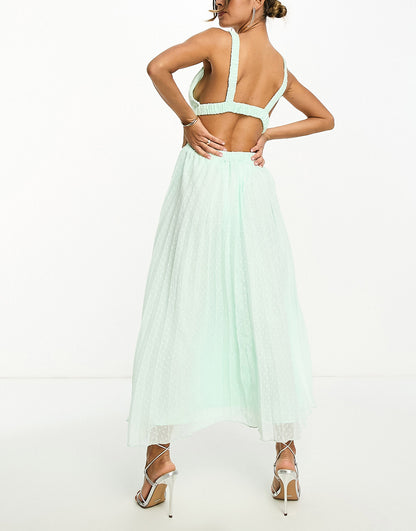 ASOS DESIGN pleat plunge neck midi dress with elasticated straps and back in apple green