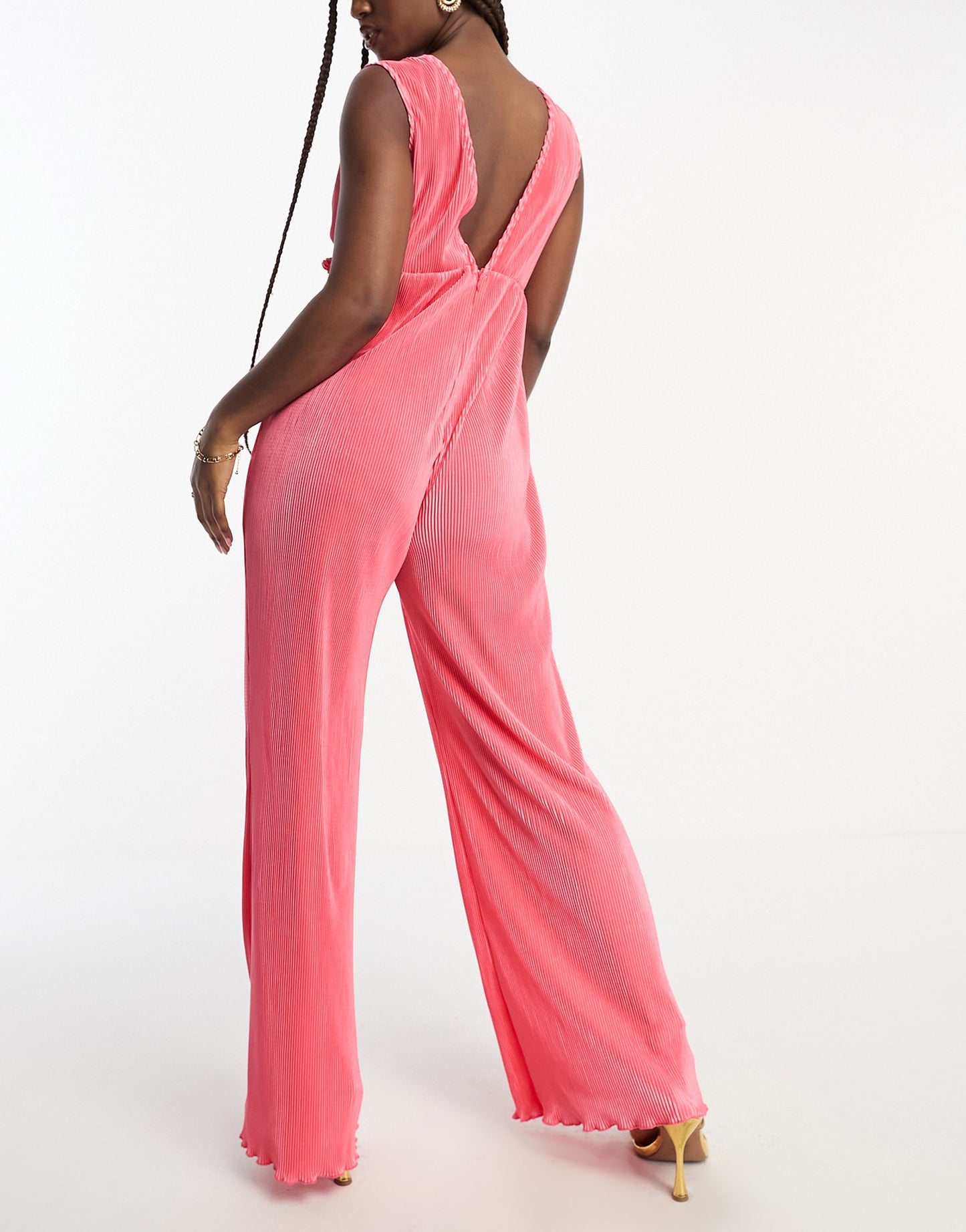 The Frolic plisse frill detail plunge front jumpsuit in coral