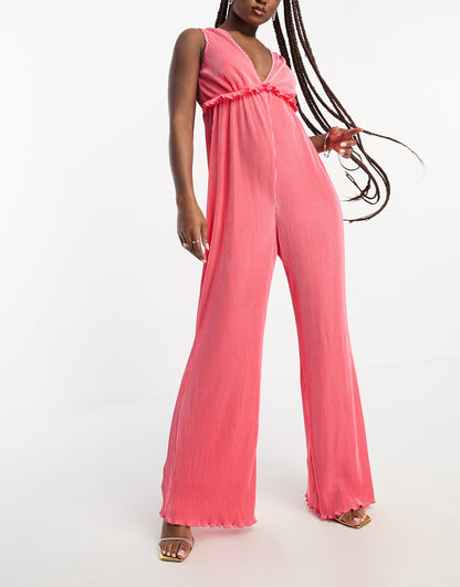 The Frolic plisse frill detail plunge front jumpsuit in coral