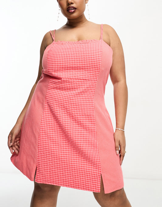 The Frolic Plus gingham mini cami dress in coral