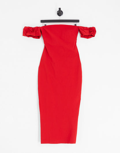 Vesper bardot frill sleeve maxi dress in red