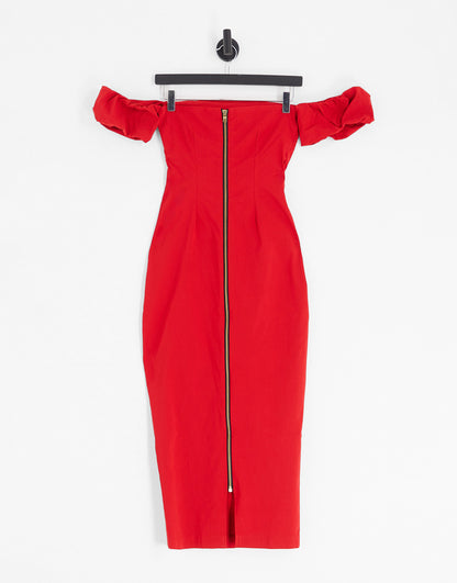 Vesper bardot frill sleeve maxi dress in red