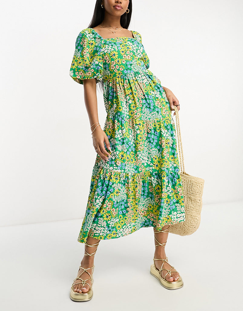 Influence puff sleeve square neck midi dress in green floral print