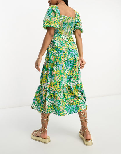 Influence puff sleeve square neck midi dress in green floral print