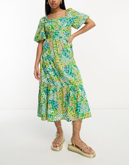 Influence puff sleeve square neck midi dress in green floral print