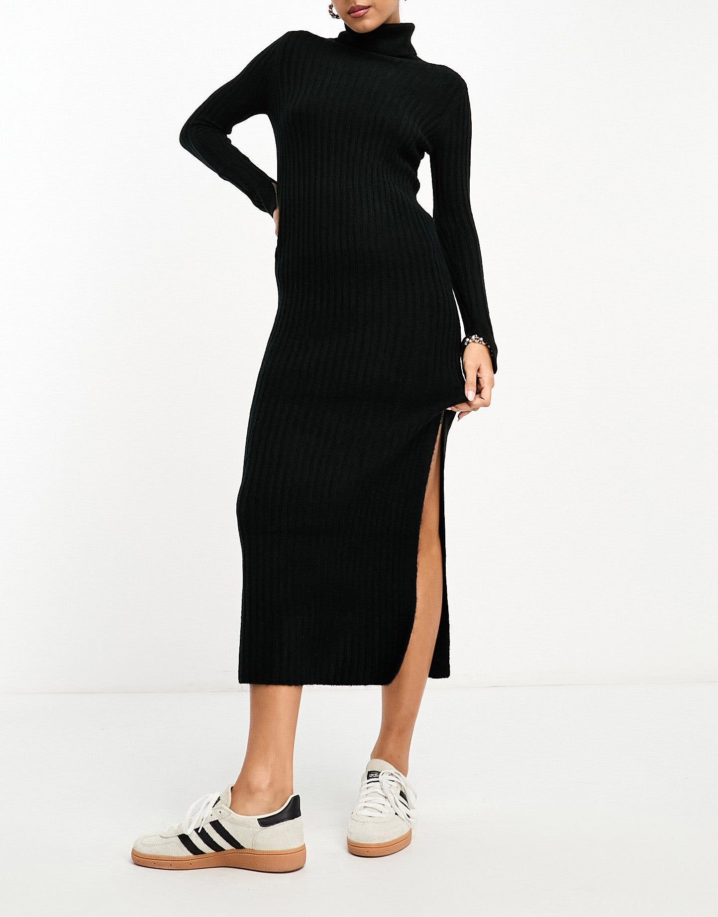 ASOS DESIGN knitted maxi dress with high neck and side split in black