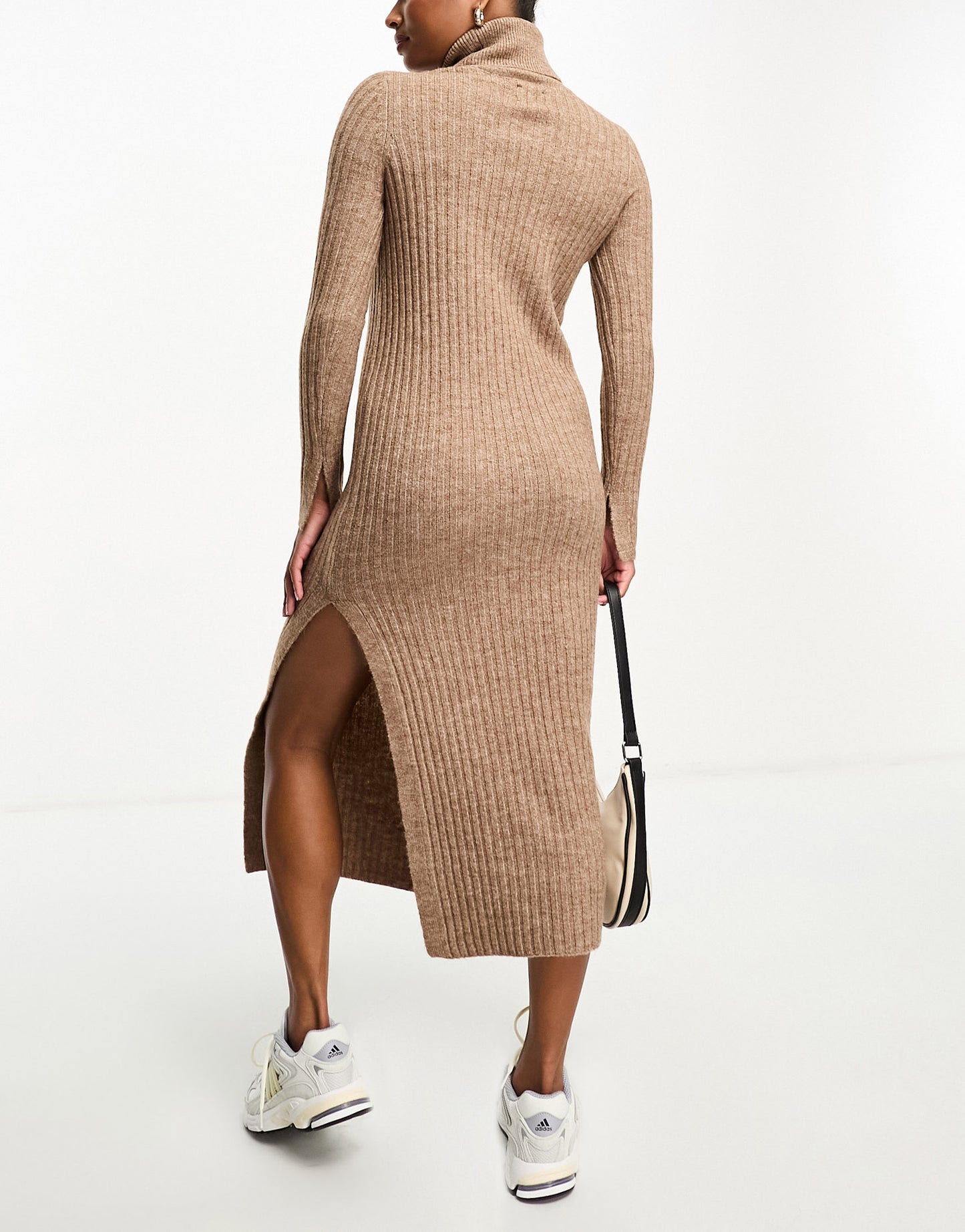 ASOS DESIGN Petite knitted maxi dress with high neck and side split in camel