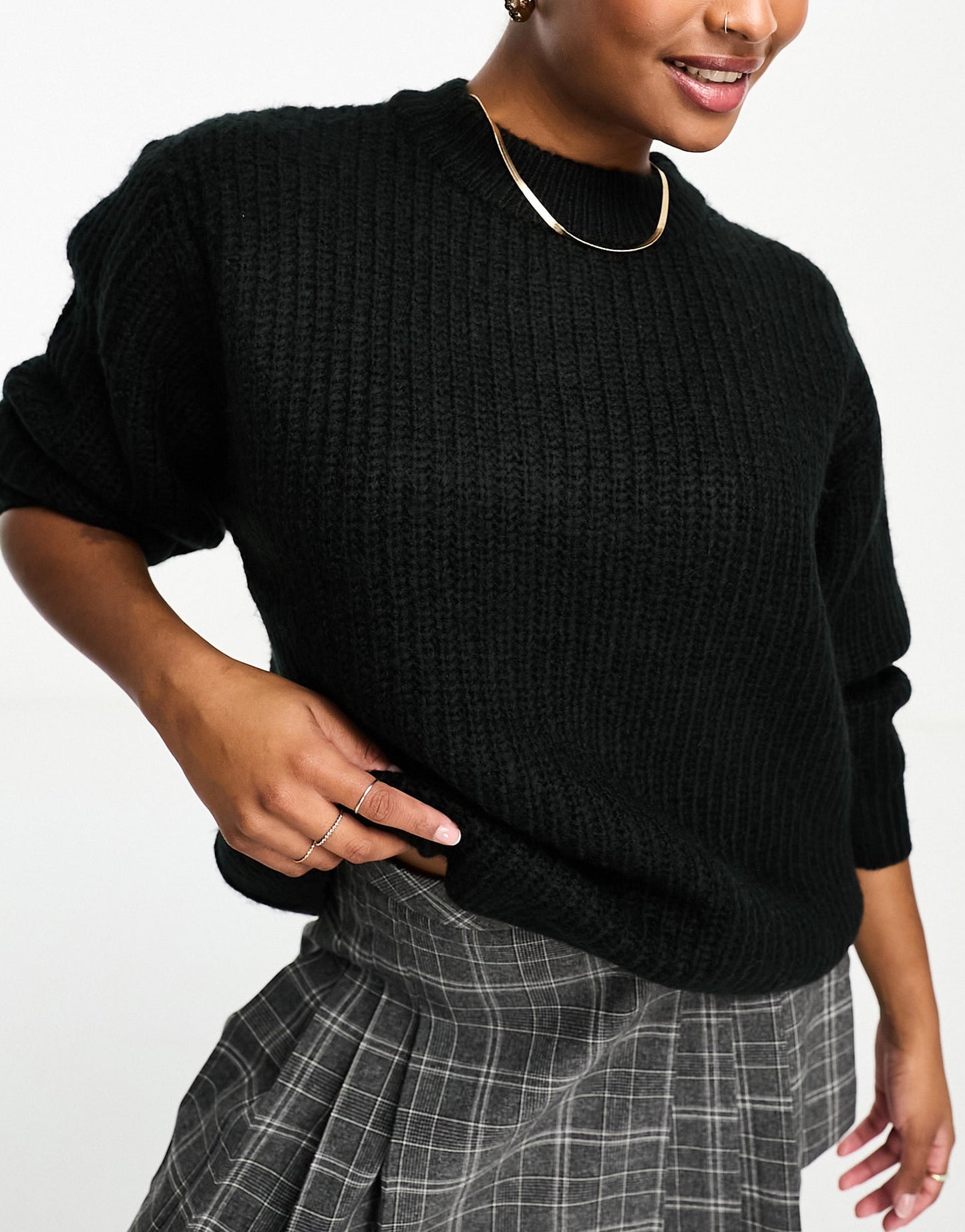 ASOS DESIGN Petite fluffy rib jumper with crew neck in black