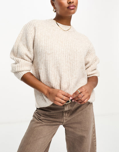 ASOS DESIGN Petite fluffy rib jumper with crew neck in oatmeal