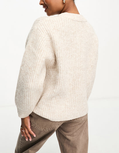 ASOS DESIGN Petite fluffy rib jumper with crew neck in oatmeal