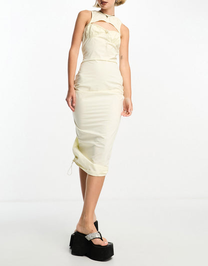 COLLUSION cut out column midi dress in light yellow