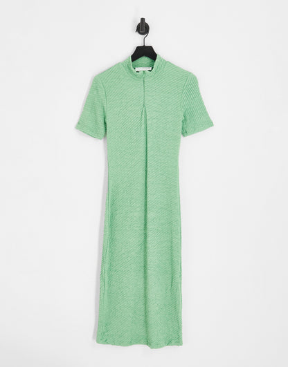 Selected Femme textured jersey zip neck midi dress in green