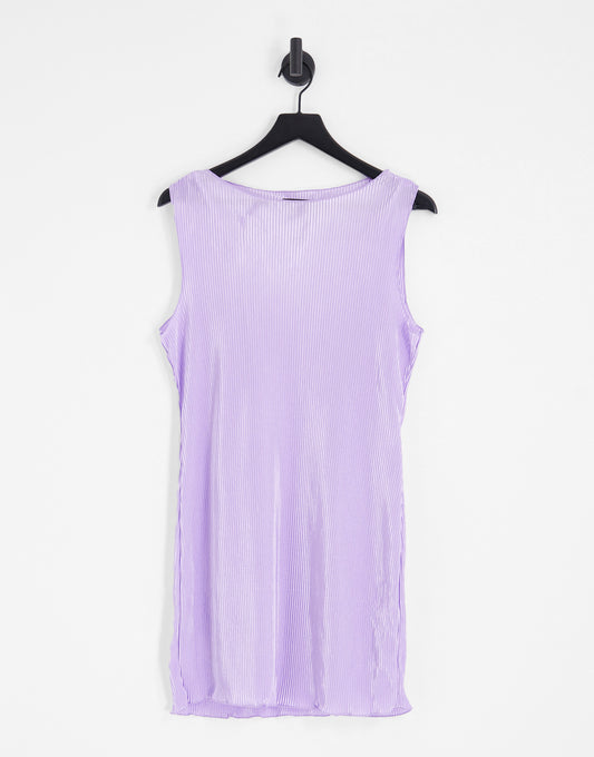 Pieces straight neck plisse mini dress in purple