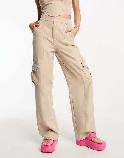 Heartbreak cargo trousers with contrast stitch co-ord in beige