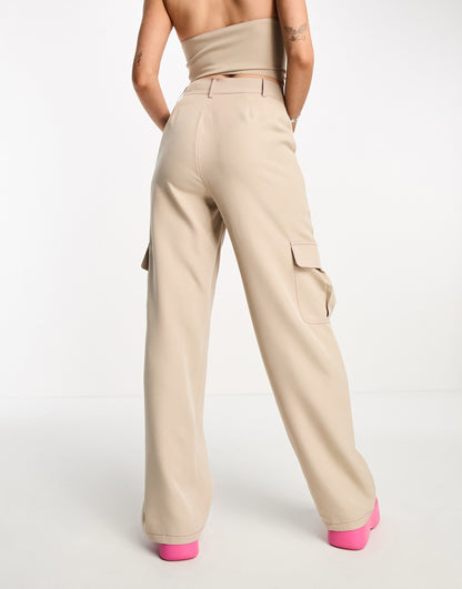 Heartbreak cargo trousers with contrast stitch co-ord in beige