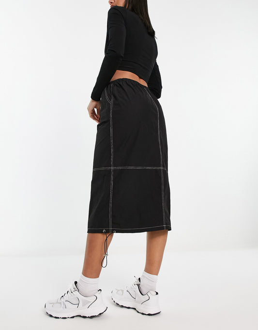 Heartbreak parachute midi skirt with contrast stitch in black