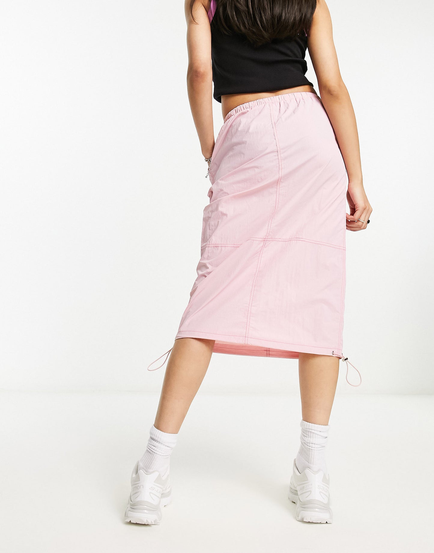 Heartbreak parachute midi skirt with contrast stitch in pink