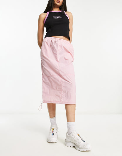 Heartbreak parachute midi skirt with contrast stitch in pink