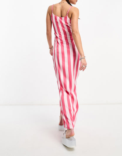 Heartbreak satin cami maxi dress with side split in pink stripe